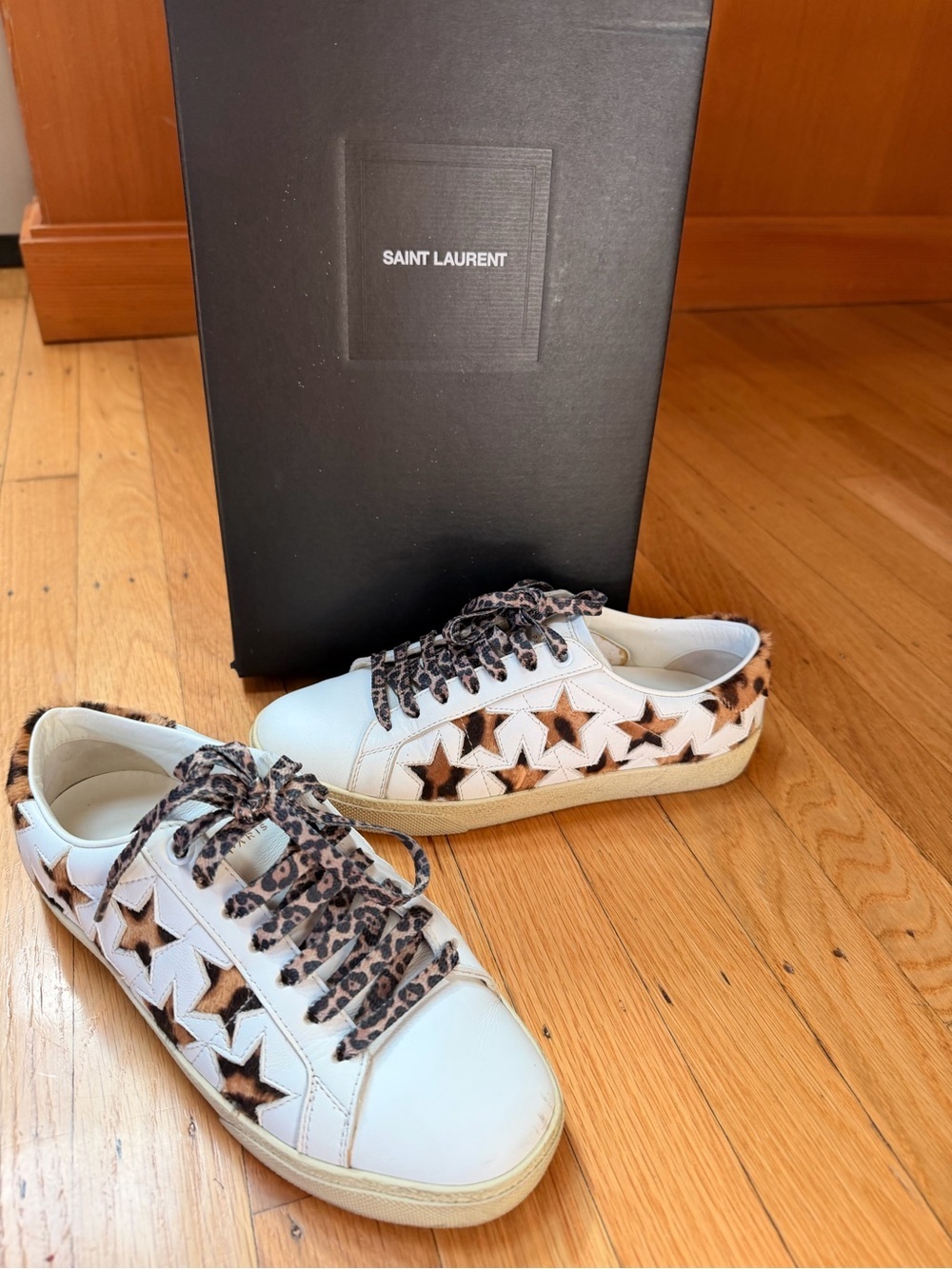 Saint Laurent White Leather Low-Top Sneakers with Leopard Star Detail